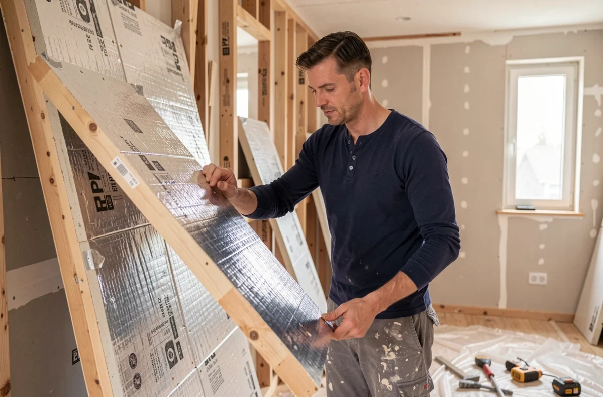 Artisan d'Activ Rénovation posant des panneaux isolants PIR à l'intérieur d'une maison en cours de rénovation