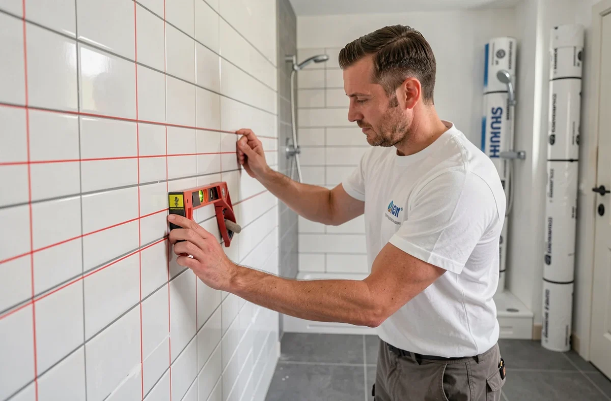 Spécialiste de la pose de carrelage alignant des faïences murales dans une salle de bain à Strasbourg