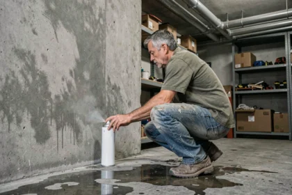 Homme appliquant un produit anti cafard en spray le long d'un mur de garage en béton