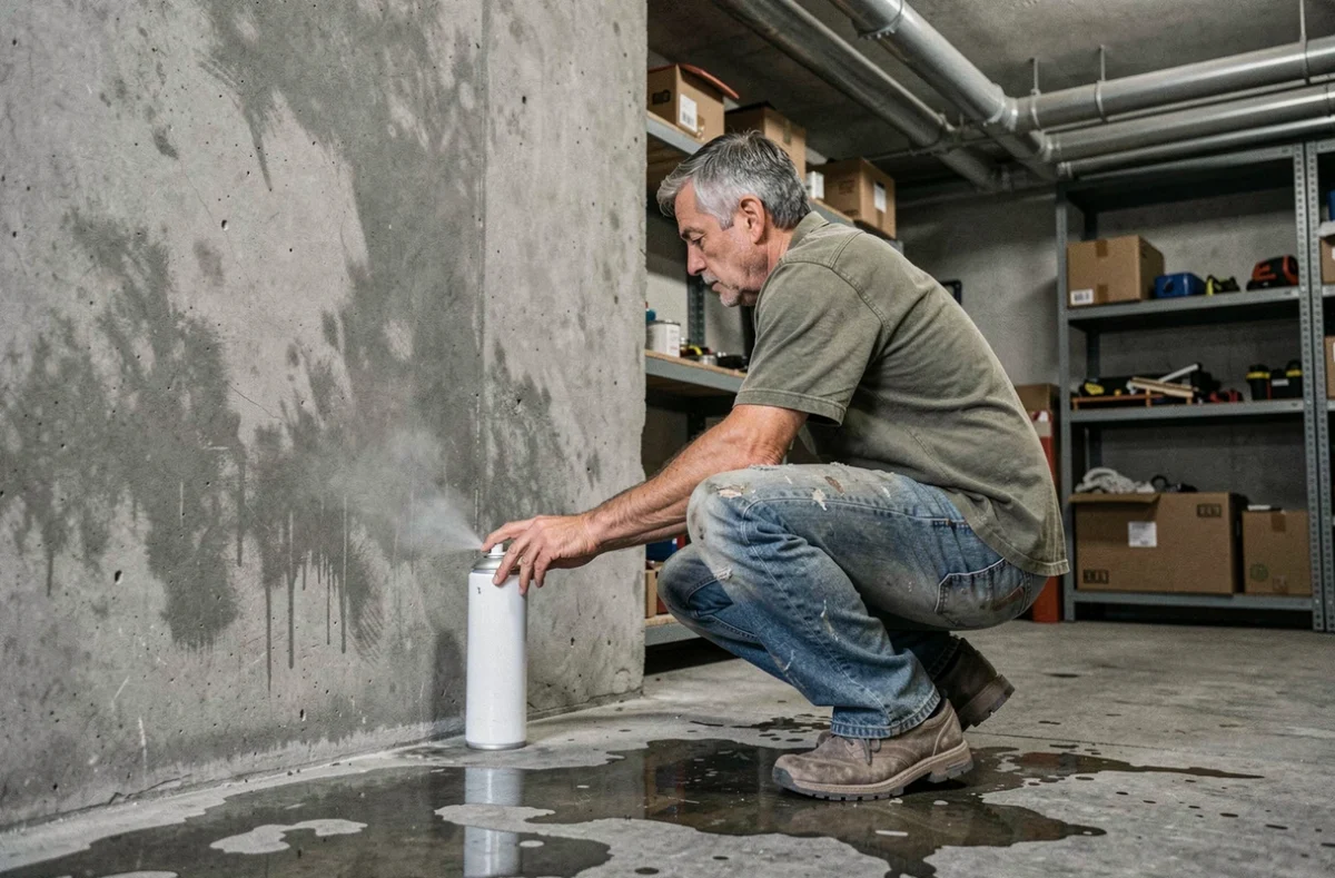 Homme appliquant un produit anti cafard en spray le long d'un mur de garage en béton