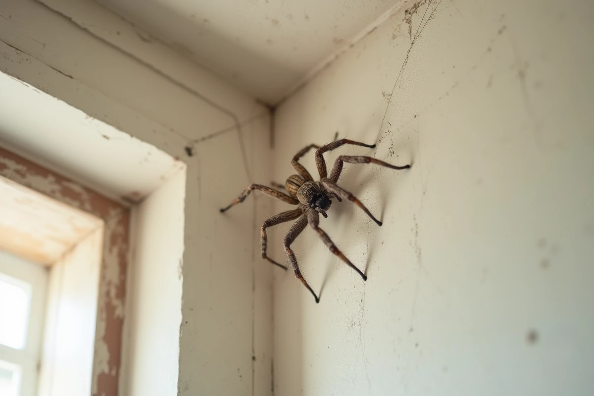 Araignée maison installée dans un coin de plafond d'un appartement français avec toile poussiéreuse, signe d'infestation