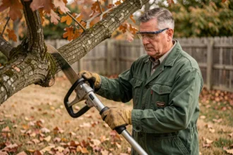 Arboriste professionnel élagage d'un chêne en automne avec une scie à perche dans un jardin résidentiel