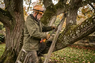 Arboriste en combinaison de travail élaguant une branche d'un vieux chêne à l'aide d'une scie d'élagage sur une échelle en bois dans un jardin en automne