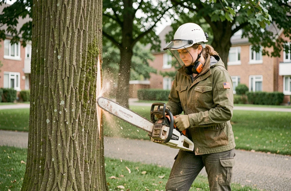 Arboriste professionnelle réalisant la coupe de dos sur un hêtre dans un parc urbain lors d'un abattage contrôlé