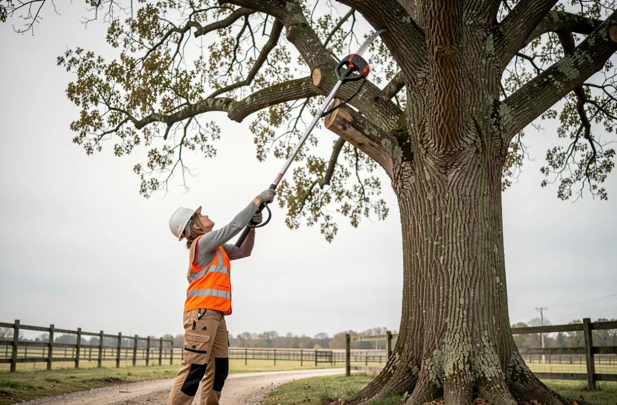Arboriste féminine en équipement de sécurité utilisant une scie sur perche télescopique pour élaguer les hautes branches d'un chêne en milieu rural