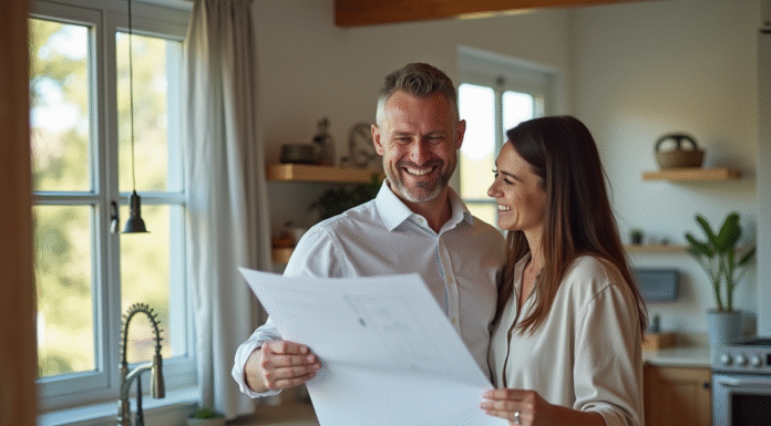 Architecte et propriétaire examinant des plans de rénovation dans une maison moderne