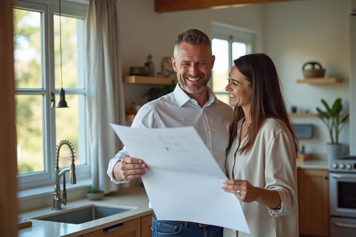 Architecte et propriétaire examinant des plans de rénovation dans une maison moderne
