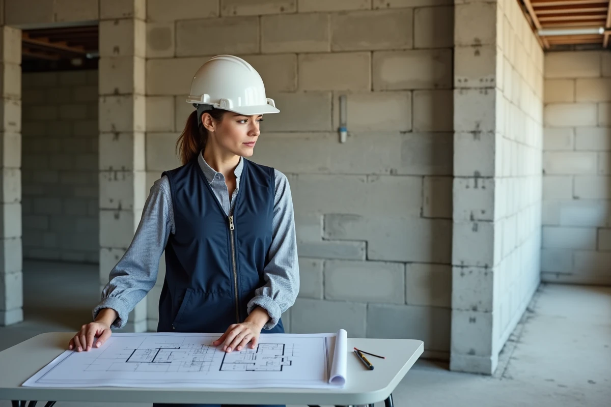 Architecte femme consultant des plans devant un mur en parpaings en construction dans une maison