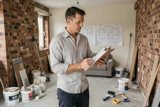 Architecte vérifiant une liste de contrôle dans une maison en cours de rénovation avec murs en briques apparentes