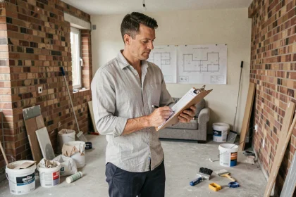 Architecte vérifiant une liste de contrôle dans une maison en cours de rénovation avec murs en briques apparentes