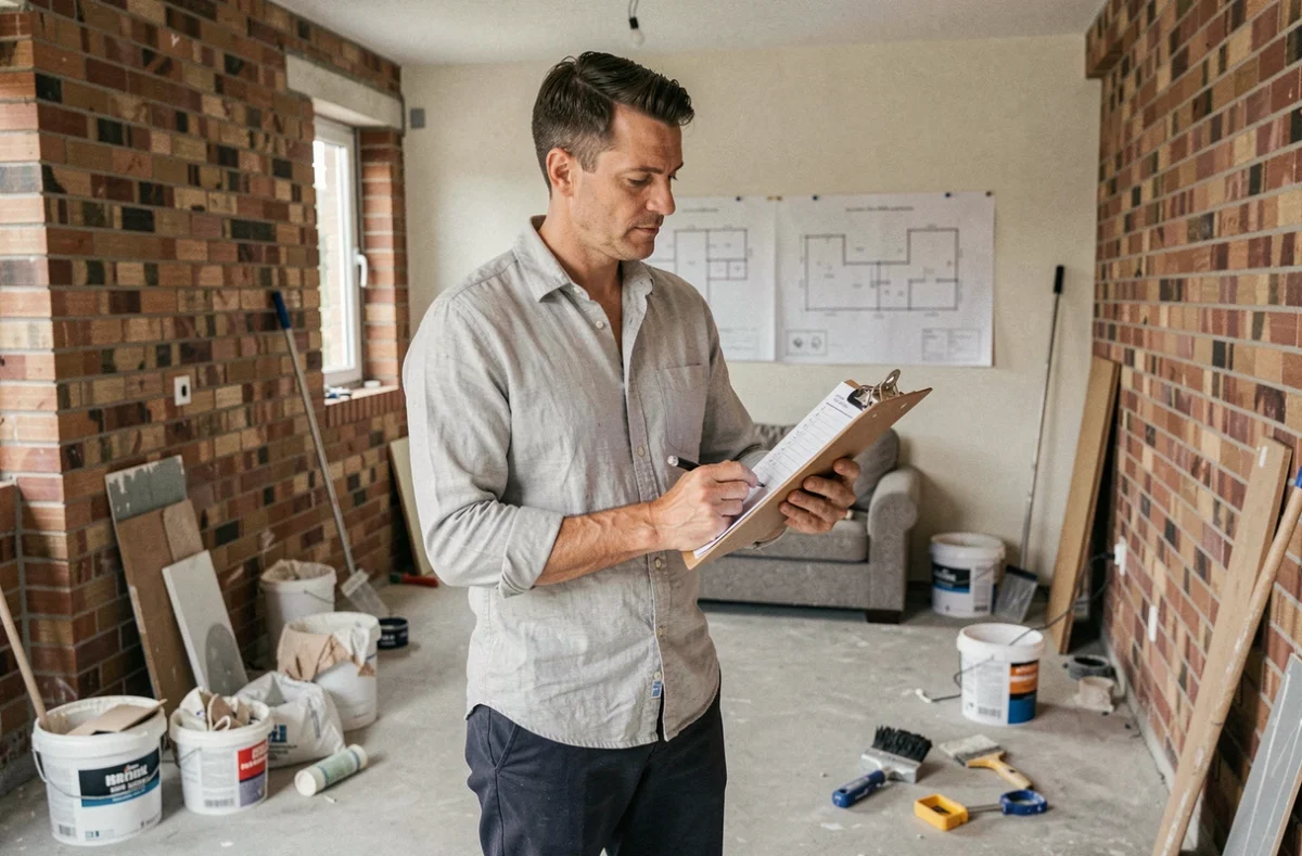 Architecte vérifiant une liste de contrôle dans une maison en cours de rénovation avec murs en briques apparentes