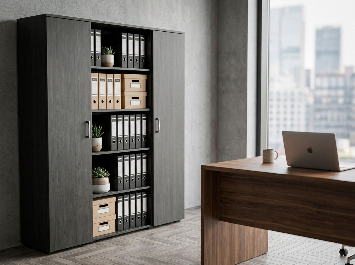 Armoire de bureau en bois gris foncé avec étagères ouvertes et rangement organisé de classeurs dans un bureau moderne à domicile