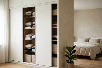 Armoire encastrée blanche avec portes coulissantes dans une chambre minimaliste moderne, bien organisée avec vêtements pliés et boîtes de rangement