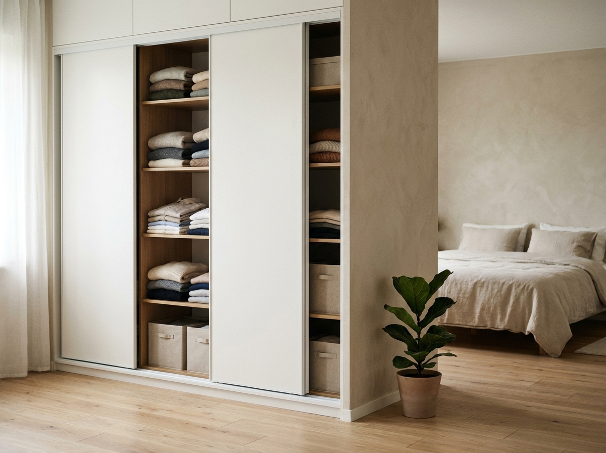 Armoire encastrée blanche avec portes coulissantes dans une chambre minimaliste moderne, bien organisée avec vêtements pliés et boîtes de rangement