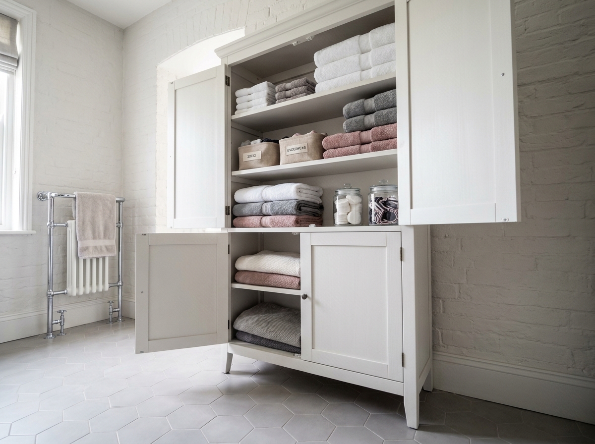 Armoire à linge salle de bain avec étagères ouvertes et rangement organisé de serviettes et accessoires
