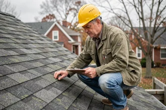 Artisan couvreur inspectant des tuiles shingle sur un toit en pente lors d'un entretien professionnel