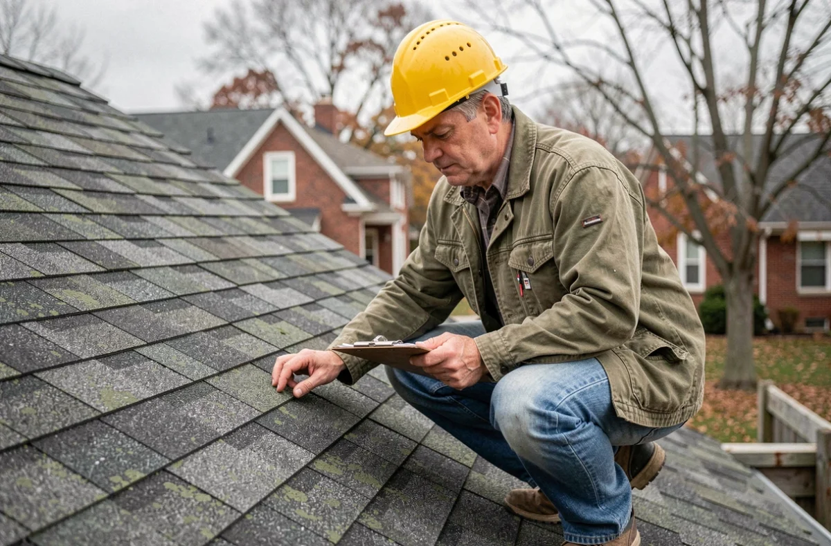 Artisan couvreur inspectant des tuiles shingle sur un toit en pente lors d'un entretien professionnel