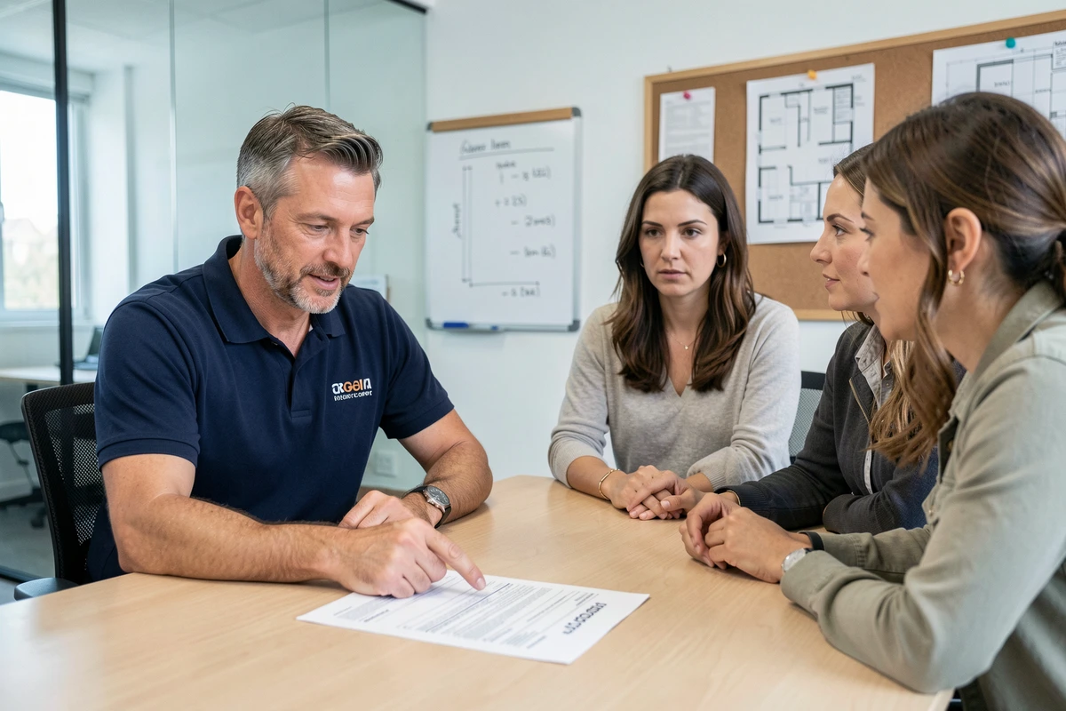 Artisan professionnel expliquant les clauses d'un devis à un couple de propriétaires lors d'une réunion de consultation avant signature