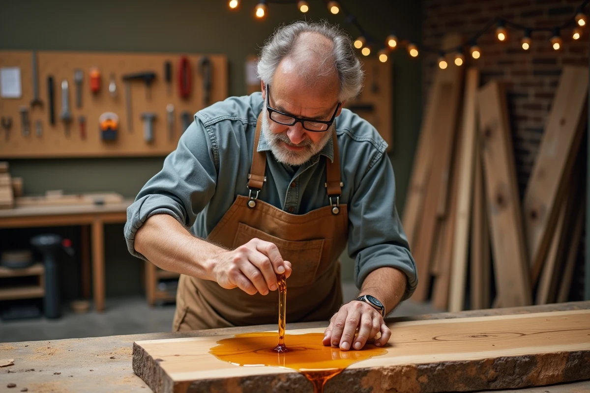 Artisan versant de la résine époxy ambrée sur un plateau de chêne brut dans un atelier de menuiserie