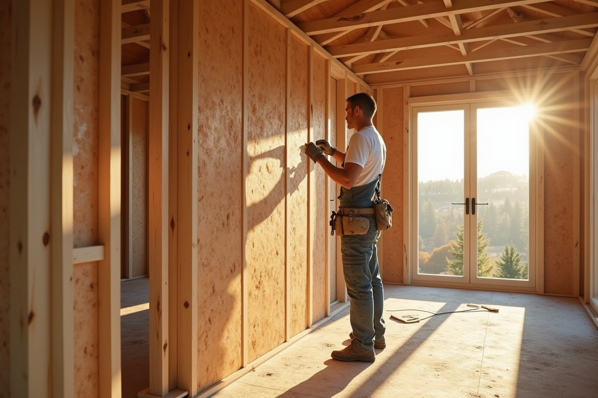 Artisan installant des panneaux d isolation dans une maison lumineuse