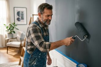 Artisan peintre appliquant une couche de peinture sur un mur intérieur
