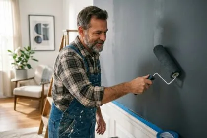 Artisan peintre appliquant une couche de peinture sur un mur intérieur