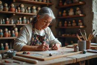 Artisane russe peignant une matriochka moderne dans un atelier traditionnel avec des motifs contemporains