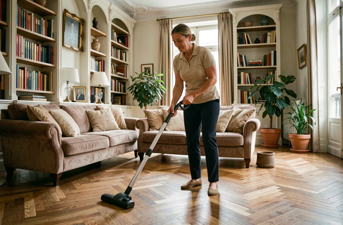 Femme de ménage passant l'aspirateur sur parquet dans un salon parisien meublé avec bibliothèque et canapé