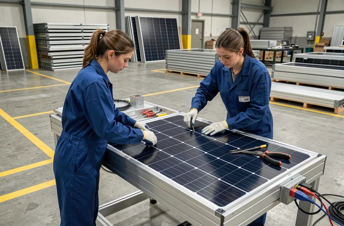 Deux techniciennes assemblant des cellules photovoltaïques sur un cadre de panneau solaire dans un atelier industriel