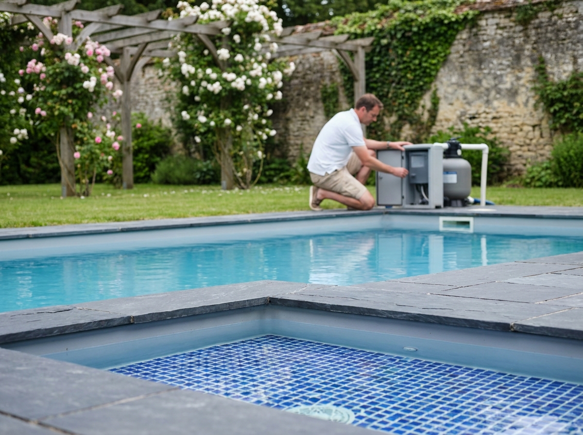Homme examinant le système de filtration d'un bassin de jardin modernisé aux lignes épurées ressemblant à une piscine