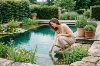 Bassin de jardin transformé en piscine naturelle avec une femme admirant l'eau cristalline au bord d'une margelle en pierre