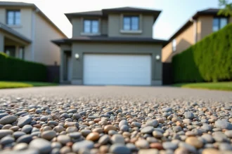 Entrée de garage en béton désactivé avec galets apparents et allée texturée menant à une maison pavillonnaire