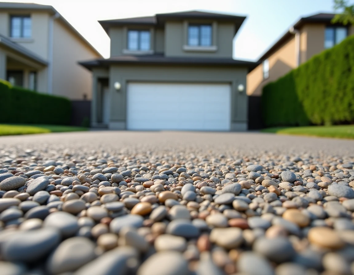 Entrée de garage en béton désactivé avec galets apparents et allée texturée menant à une maison pavillonnaire