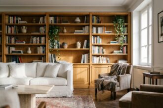 Grande bibliothèque en bois massif chêne intégrée dans un salon cosy avec canapé en lin blanc et parquet en point de Hongrie