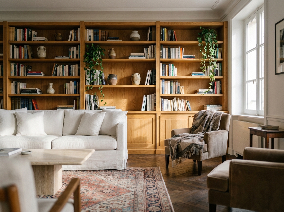 Grande bibliothèque en bois massif chêne intégrée dans un salon cosy avec canapé en lin blanc et parquet en point de Hongrie