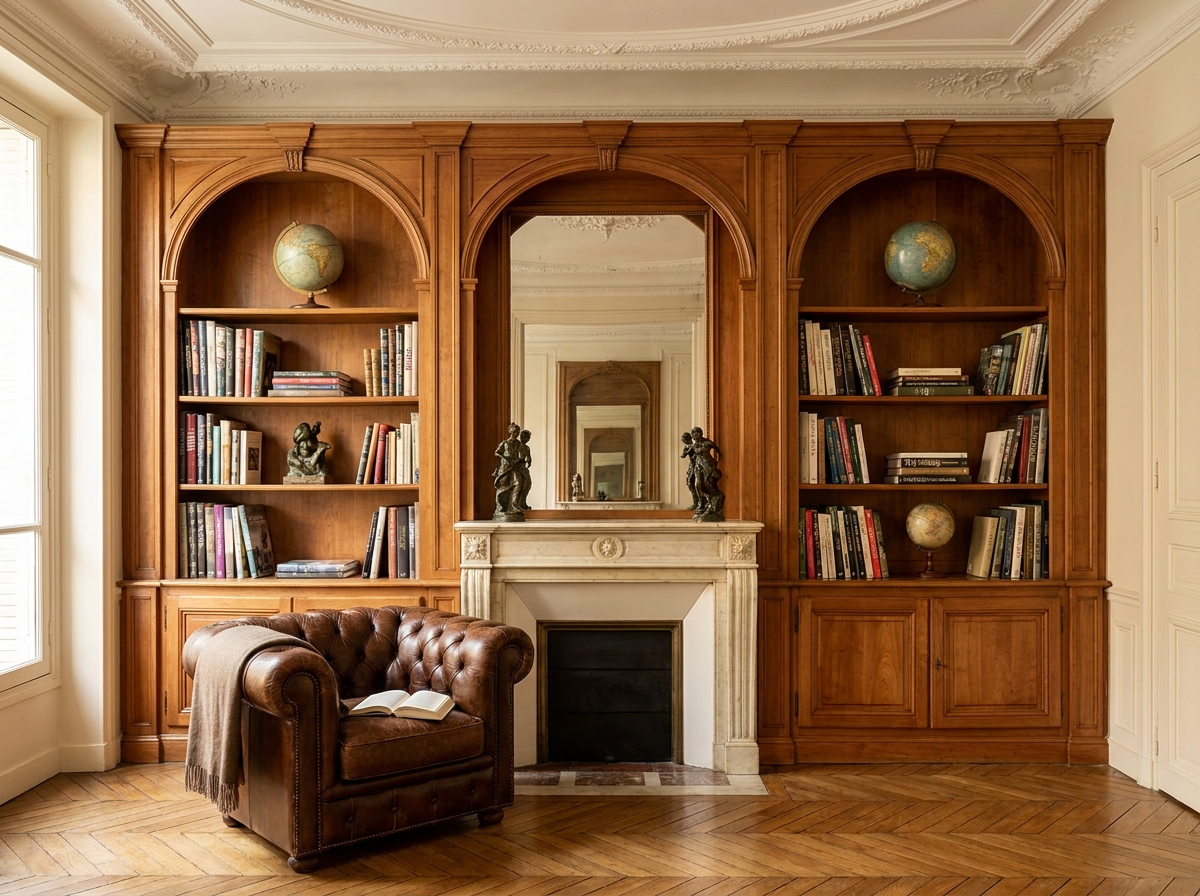 Bibliothèque en merisier massif intégrée dans un salon haussmannien avec cheminée en marbre et fauteuil Chesterfield en cuir