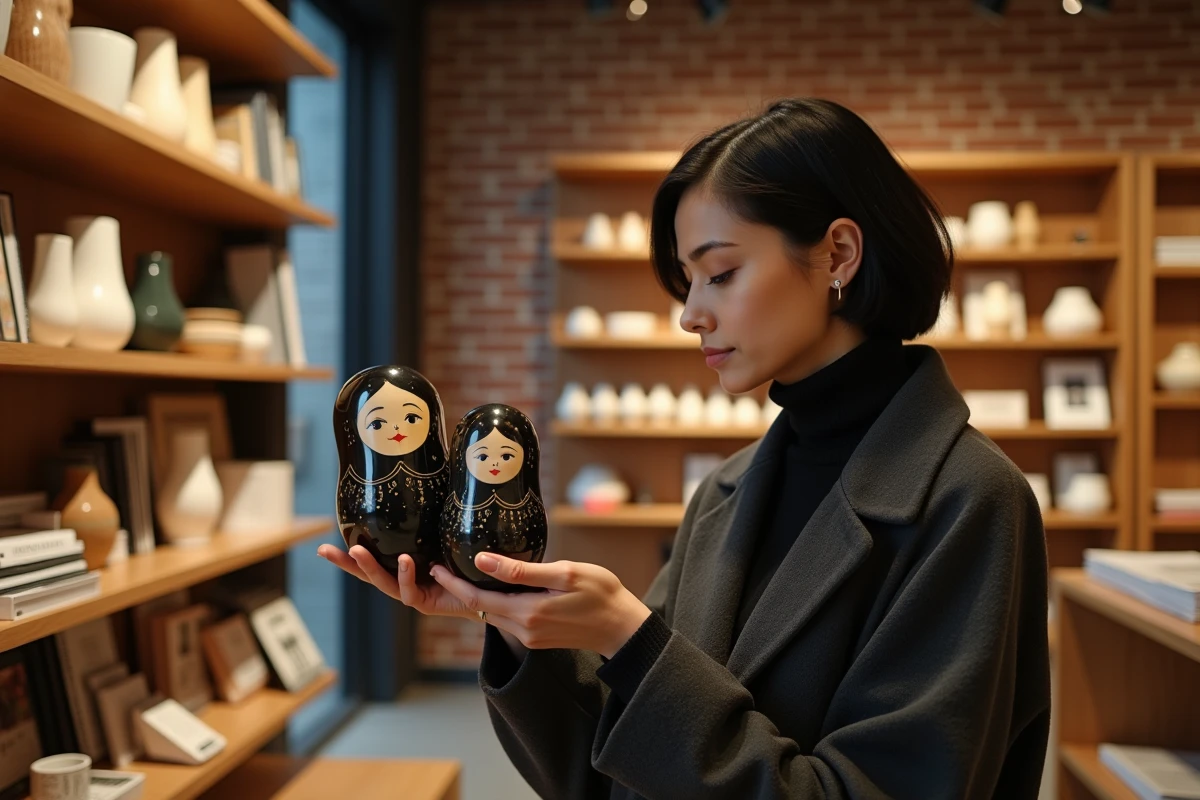 Jeune femme admirant une matriochka moderne dans une boutique de concept design à Moscou