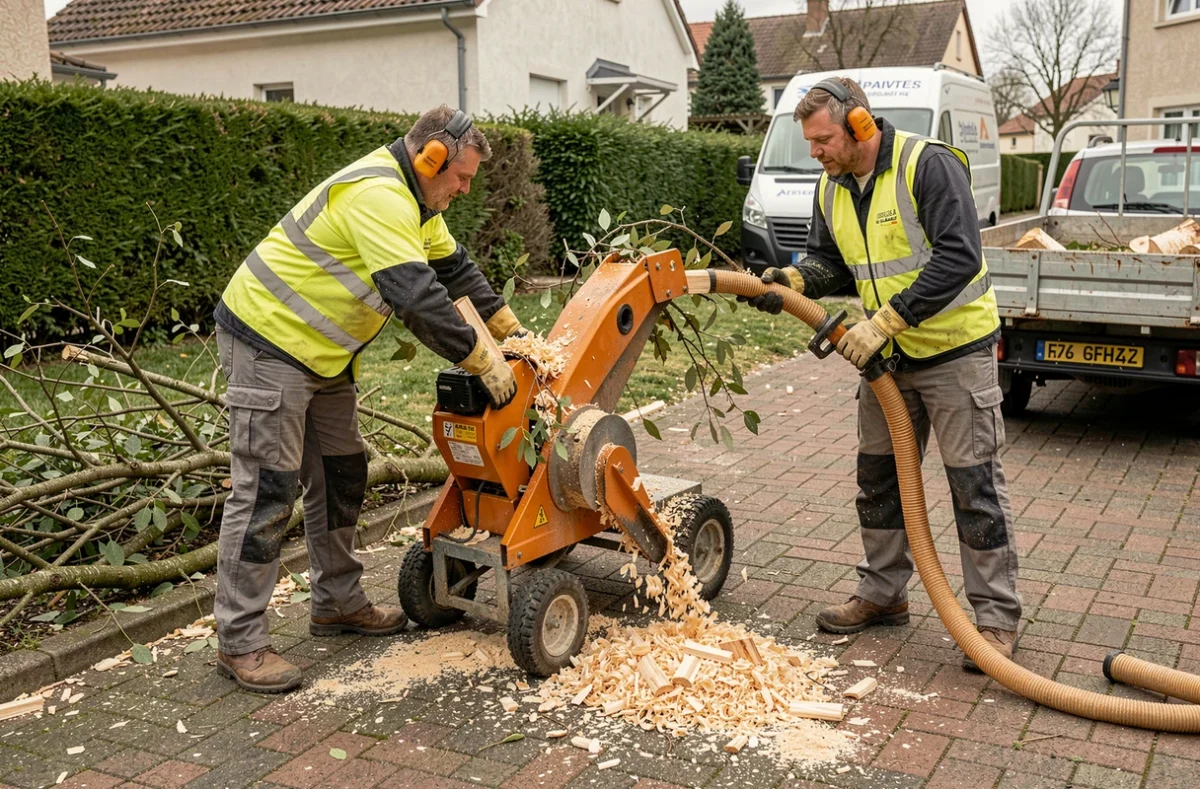 Deux élagueurs utilisant un broyeur de branches dans une allée résidentielle, avec copeaux de bois et équipement professionnel visible