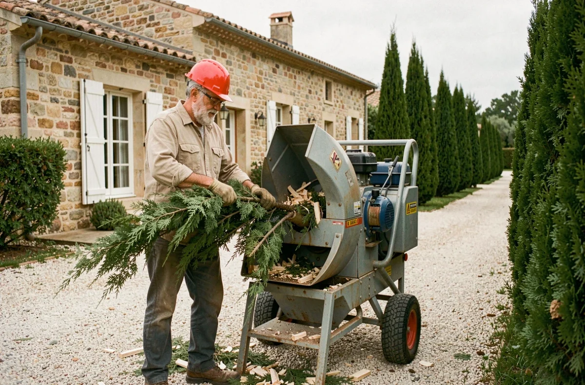 Élagueur utilisant un broyeur de branches à côté d'une maison provençale avec des cyprès taillés dans le jardin