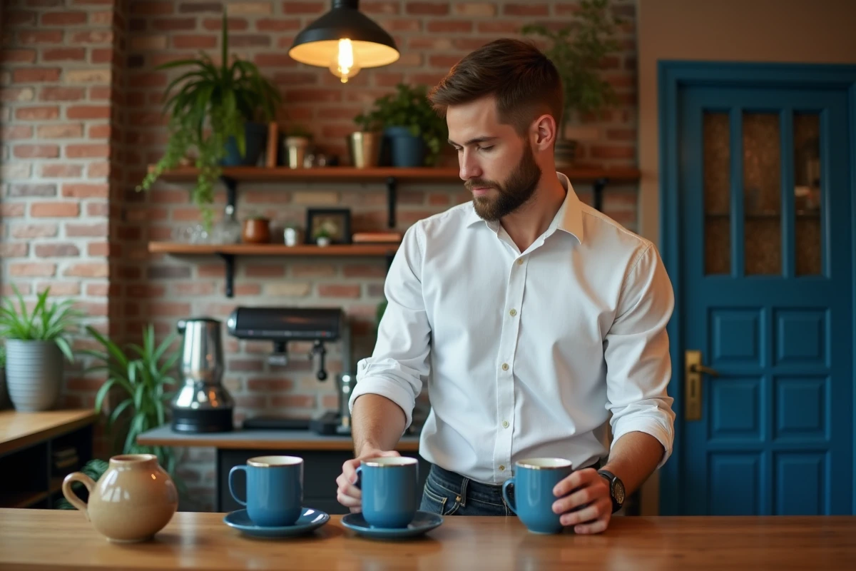 Jeune homme arrangeant des tasses en céramique bleue dans un café