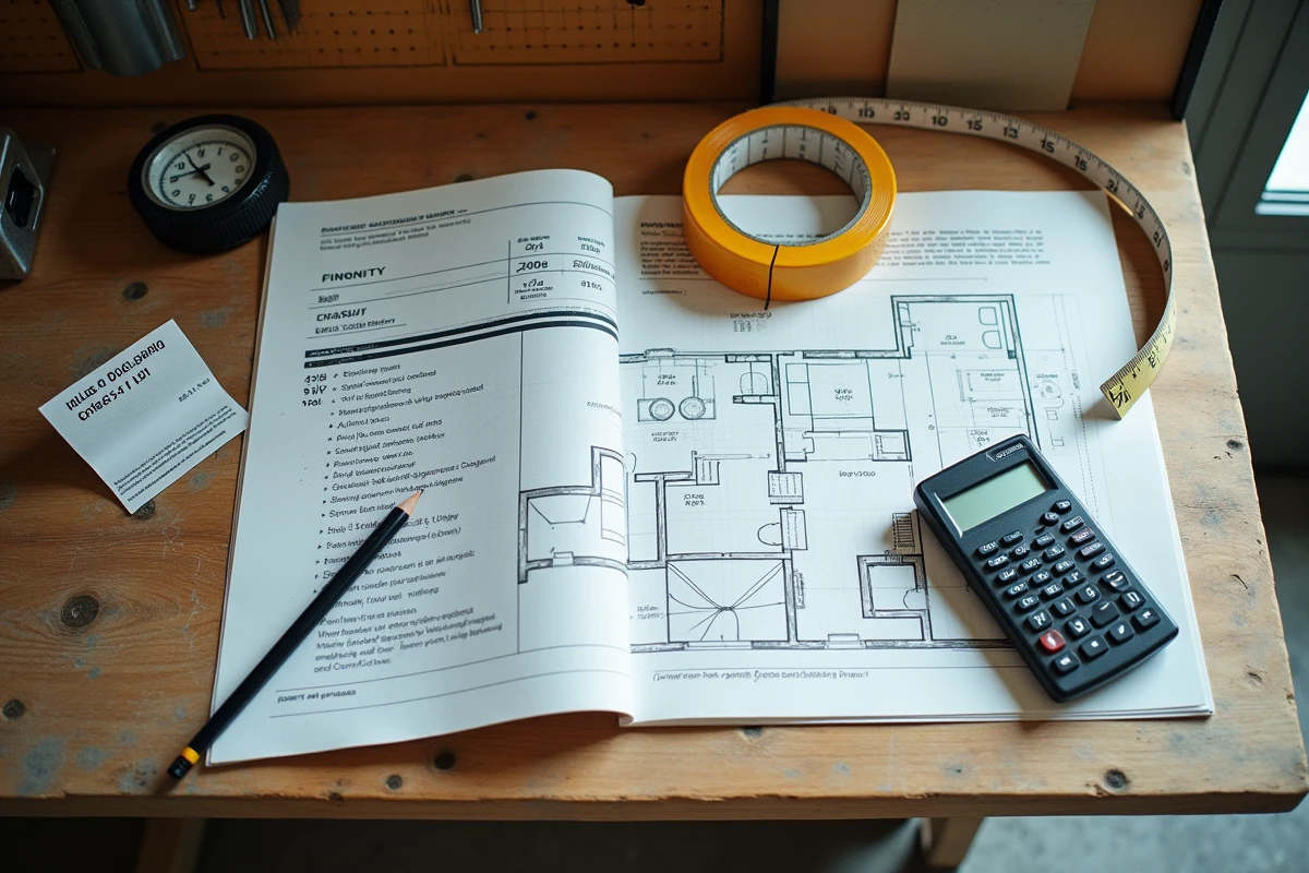 Plan de dalle béton dessiné à la main sur papier quadrillé avec calculatrice, mètre ruban et devis fournisseurs sur un établi de garage pour estimer le budget au m²