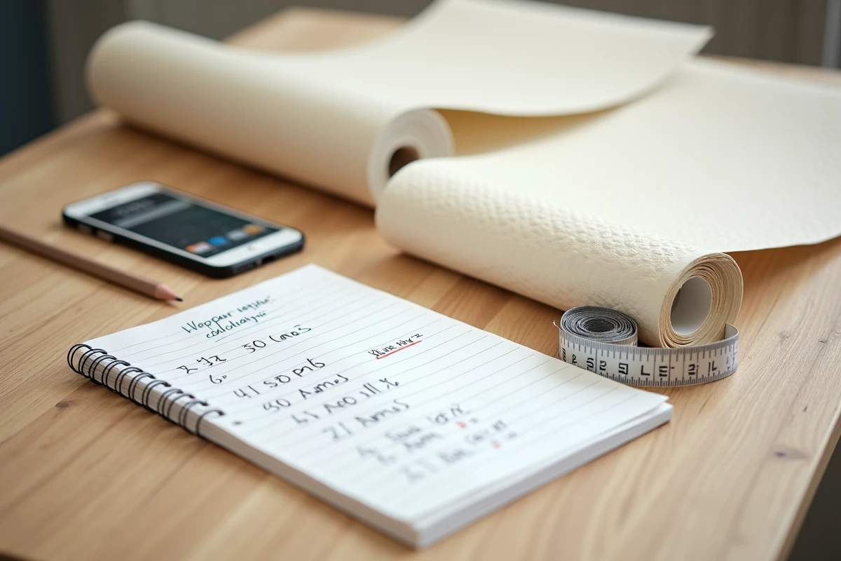 Vue à plat d'un rouleau de papier peint déroulé avec calculs manuscrits pour une surface de 10m2