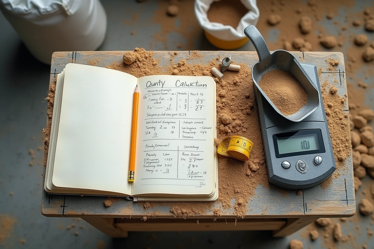 Vue de dessus d'outils de chantier avec sable, balance et notes de calcul pour quantité béton