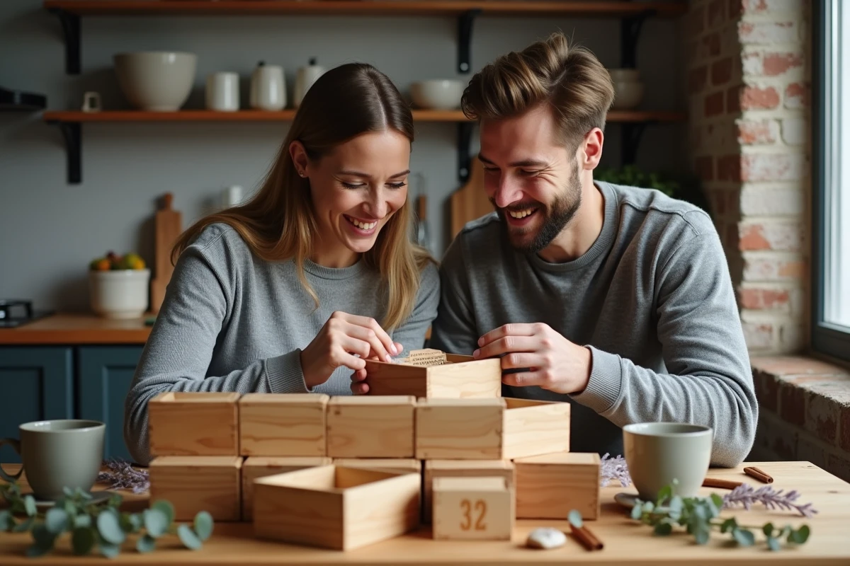 Couple ouvrant ensemble une boîte en bois numérotée d'un calendrier de l'avent original sur une table de cuisine rustique entourée de décorations naturelles hivernales