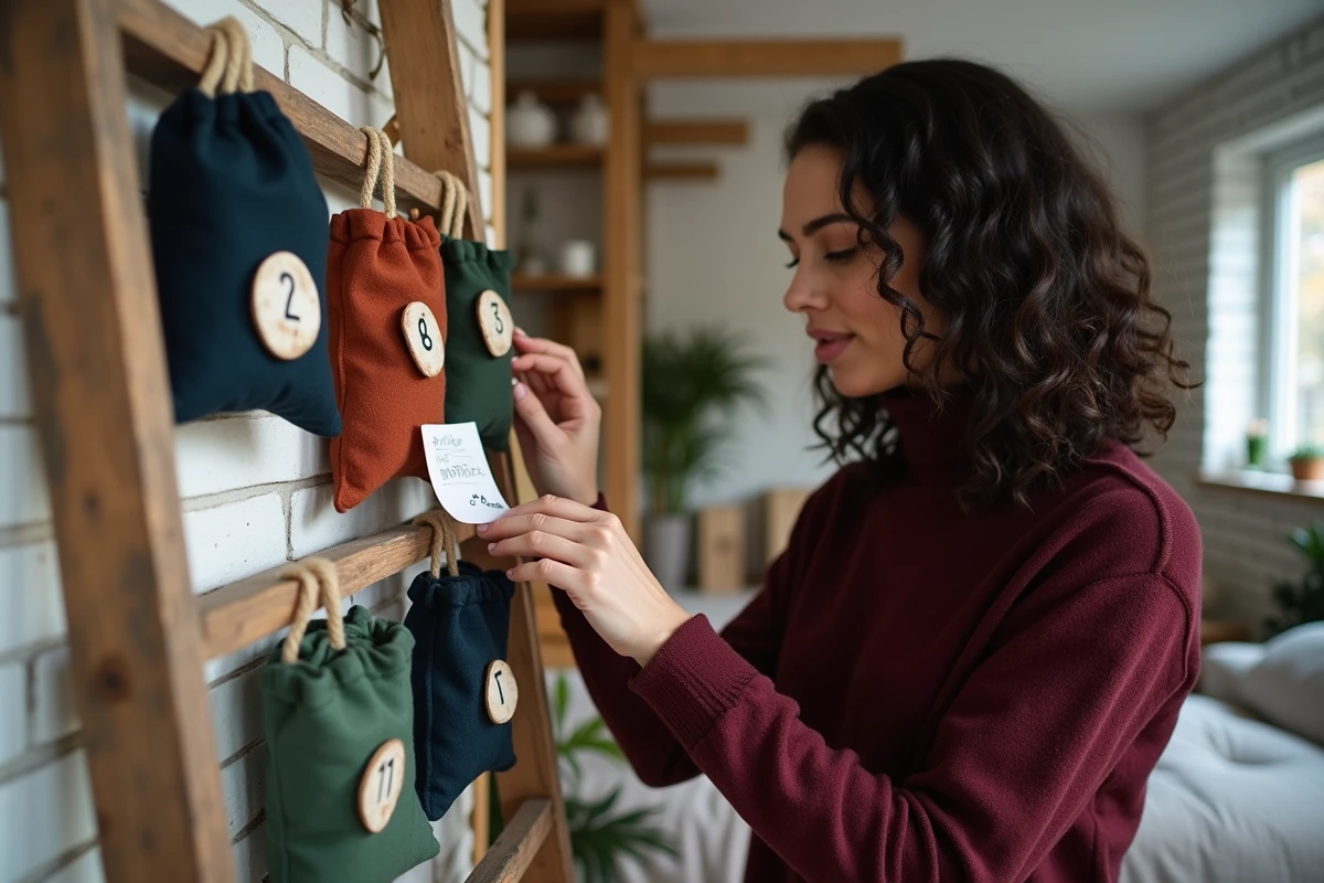 Femme glissant un message dans une pochette d'un calendrier de l'avent en tissu suspendu à une échelle vintage dans un salon au style scandinave