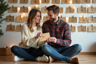 Couple assis sur un plancher en bois devant un calendrier de l'avent artisanal fait d'enveloppes numérotées en kraft, décoration de Noël cosy en arrière-plan