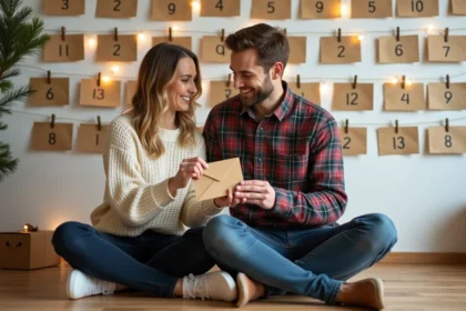 Couple assis sur un plancher en bois devant un calendrier de l'avent artisanal fait d'enveloppes numérotées en kraft, décoration de Noël cosy en arrière-plan