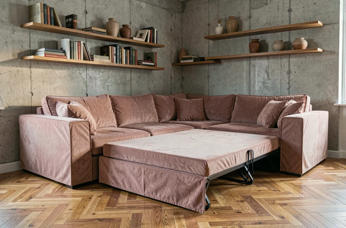 Canapé d'angle convertible recouvert d'une housse rose velours avec couchage déplié dans un appartement urbain