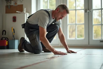 Carreleur en action sur un sol carrelé moderne