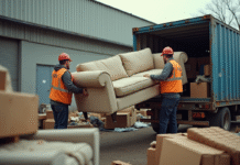 Centre de recyclage moderne avec un ouvrier soulevant un canapé beige